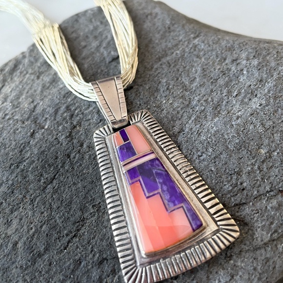 Vintage Navajo Norton Becenti Native American Inlay Pendant - Picture 7 of 14